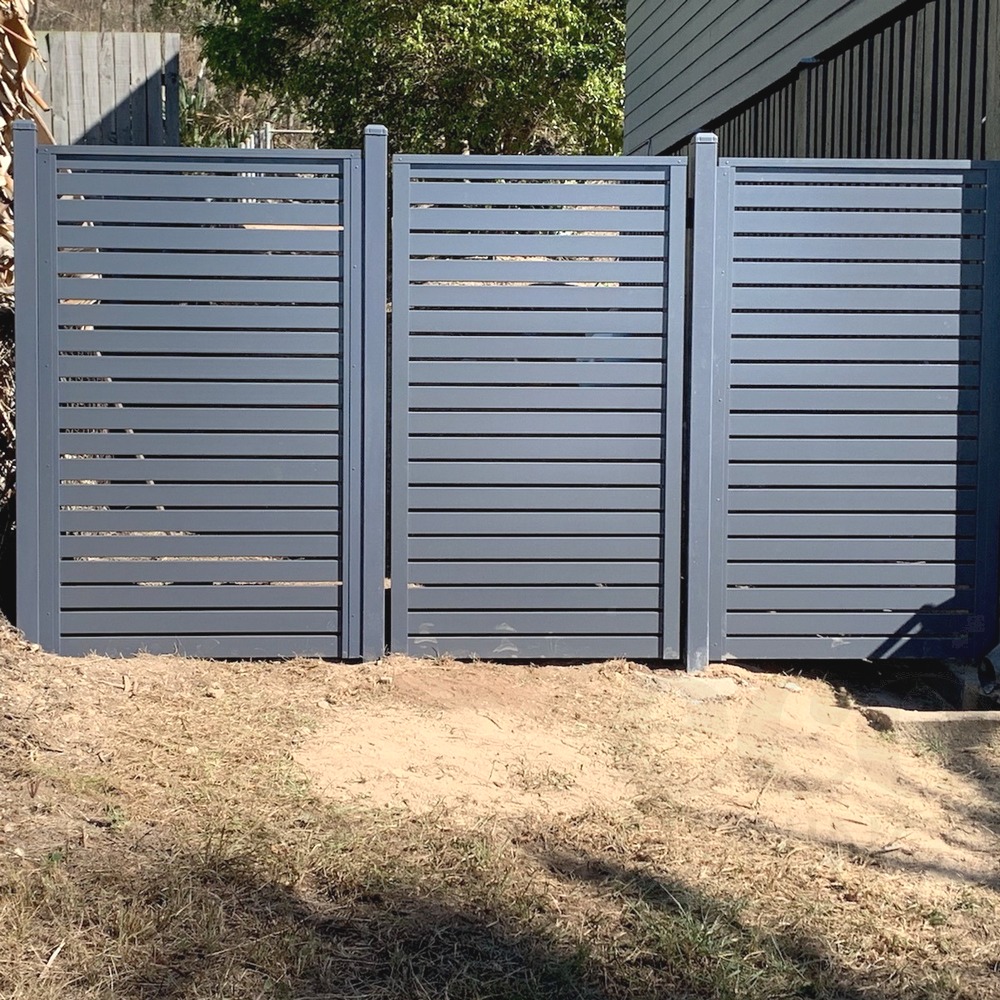 Custom aluminium double gate with horizontal slats and matching fence panels, grey powder coat, Sydney