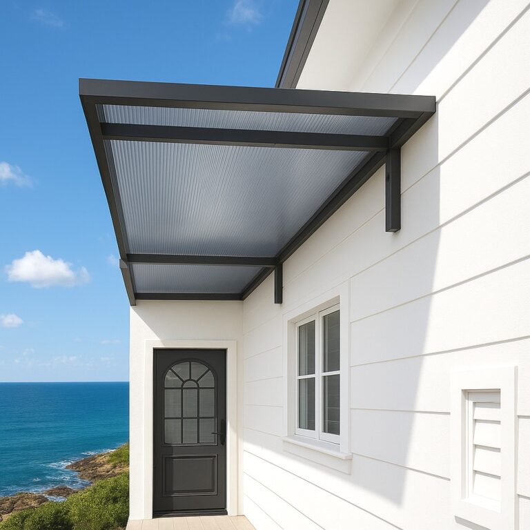 Cantilever aluminium awning Sydney — Slimline 50 cantilever arm awning over a front door