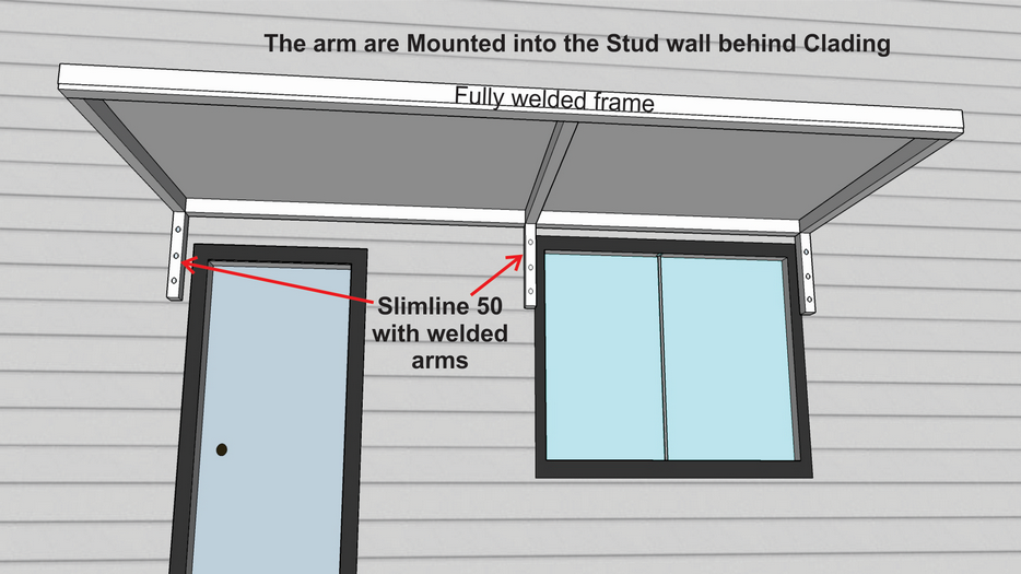 Slimline 50 with Fixed Arms installed over door and window on cladded wall