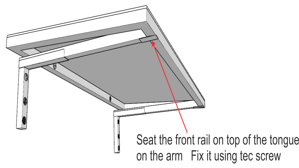 Seating the awning front rail onto the cantilever arm tongue