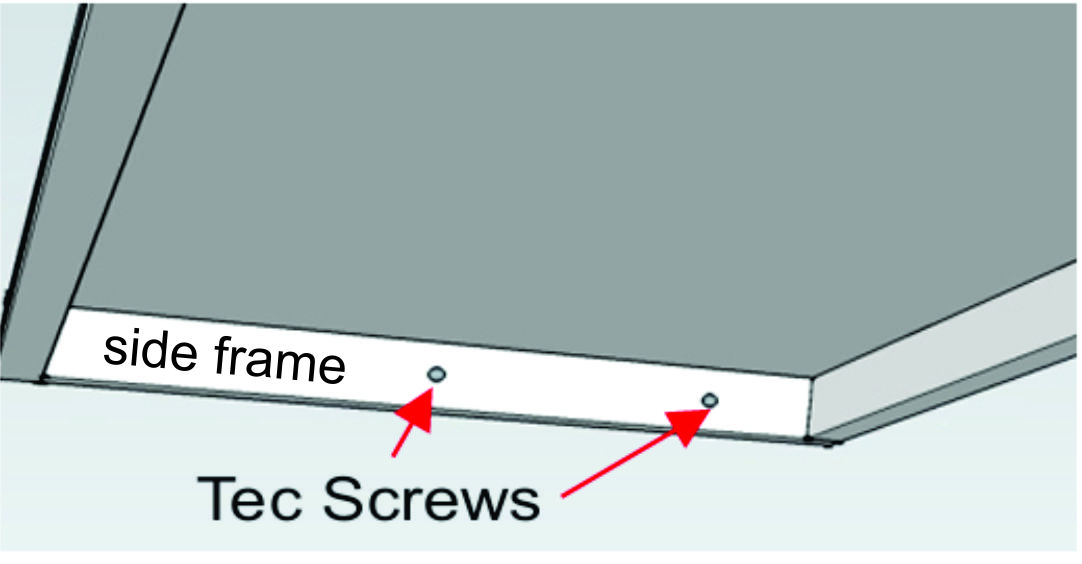 Tek screws securing awning side frame to bracket