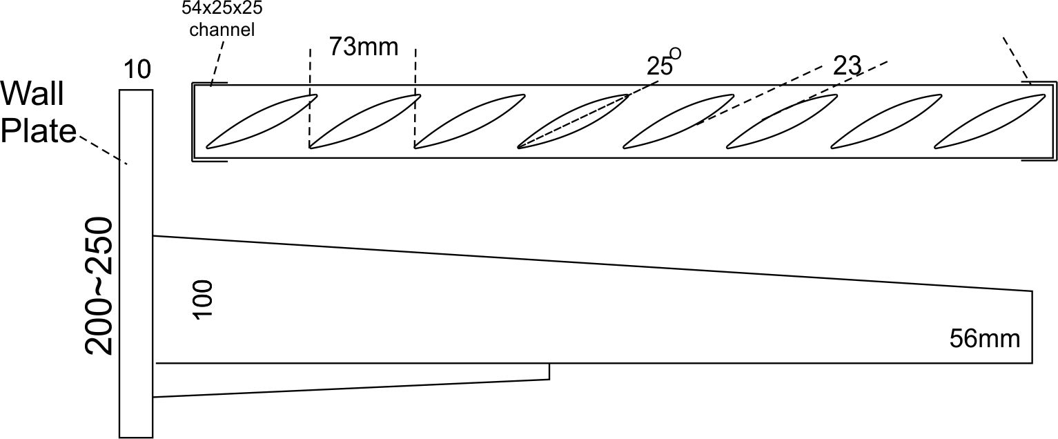 Cantilever louvre bracket drawing, up to 1500mm projection with 200 to 250mm wall plate