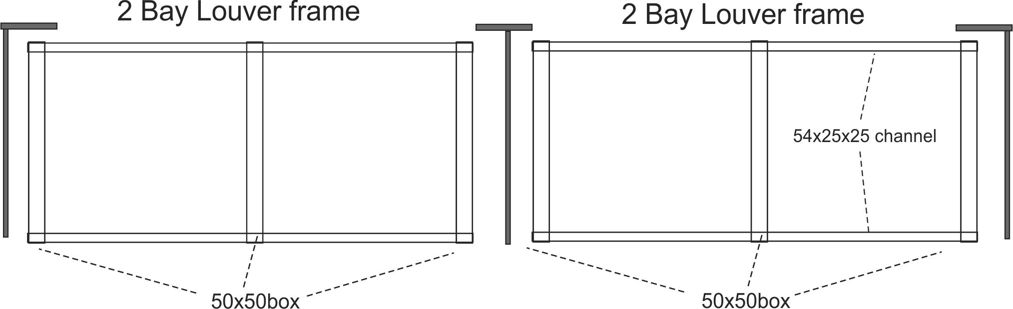 Two panel, two bay louvre plan drawing with three brackets