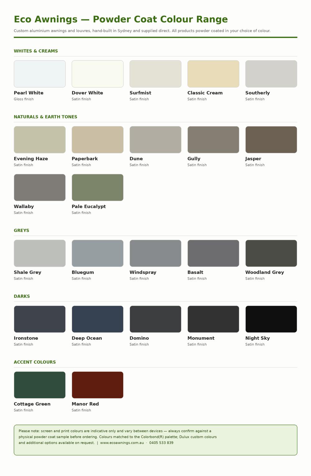 Eco Awnings powder coat colour range chart