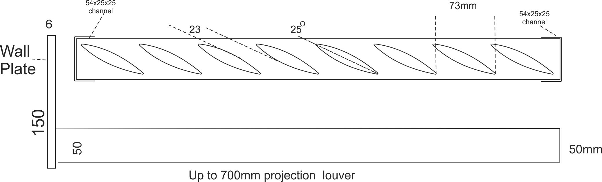Cantilever louvre bracket for up to 700mm projection with a 150mm wall plate and 85mm blades