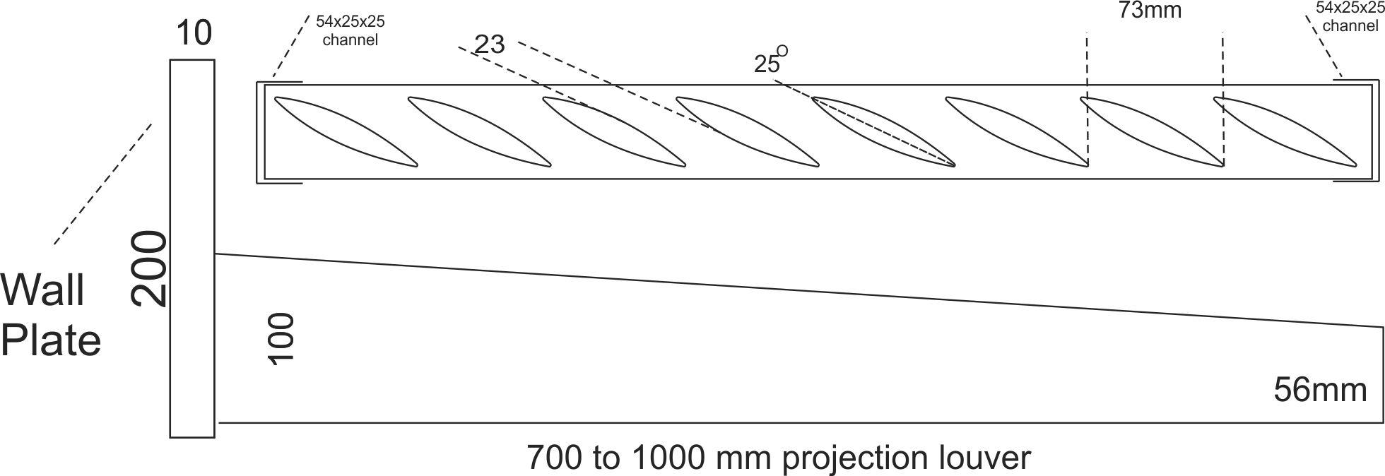 Cantilever louvre bracket drawing, 700 to 1000mm projection with 200x100x10mm wall plate