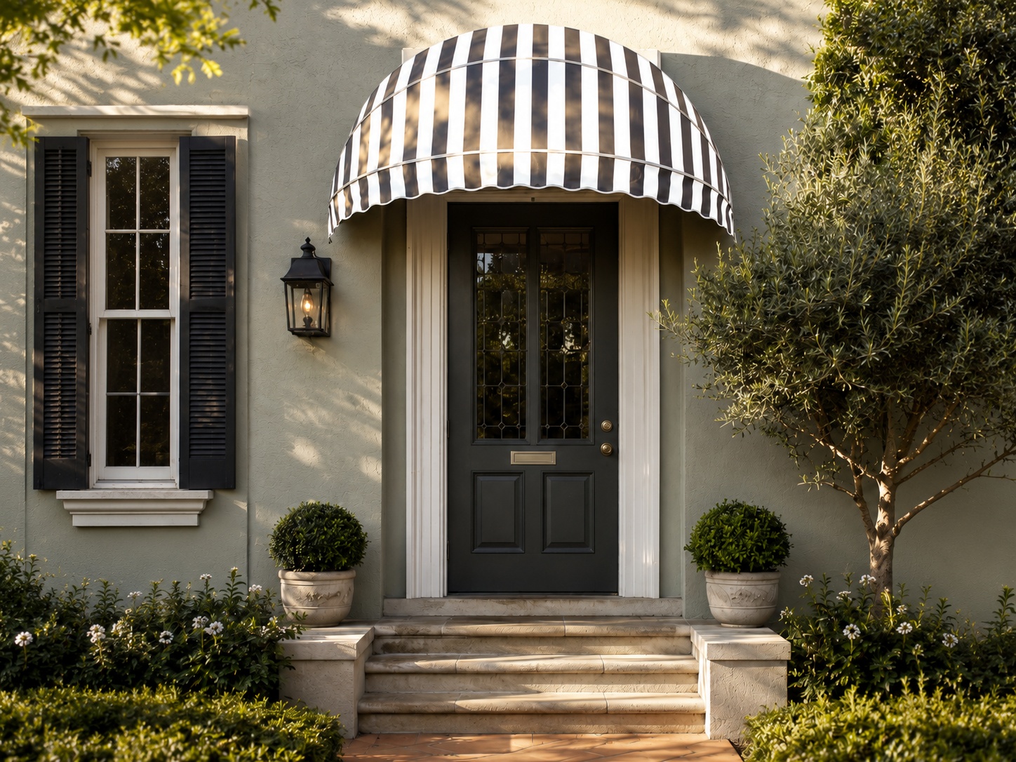 curved dome canopy fitted over the front door of a house