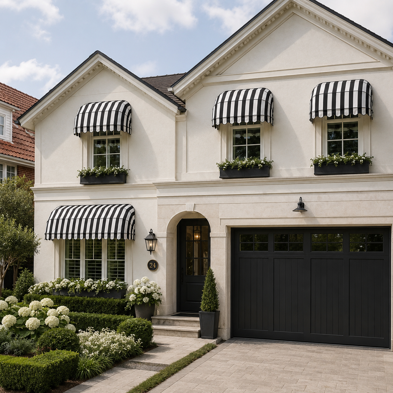 two wedge shaped canopies fitted over the windows of a house