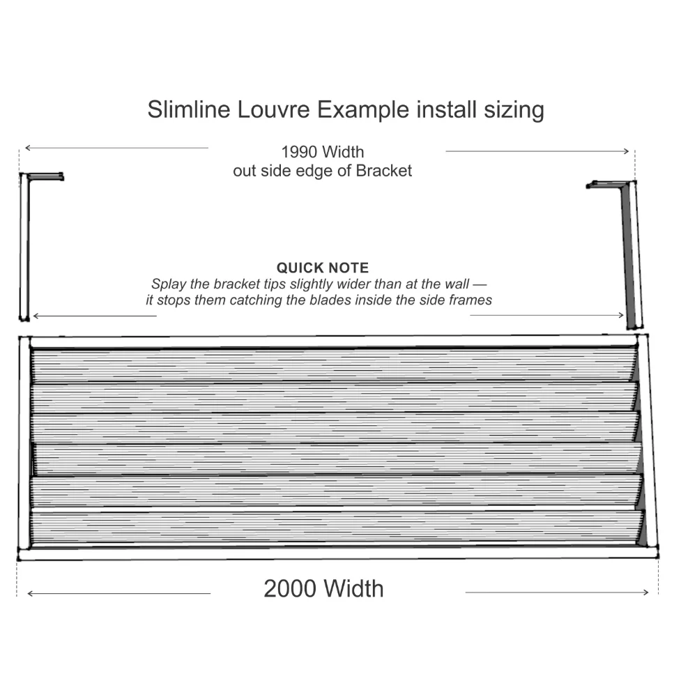 Slimline Louvre installation measurements drawing - example of a 2 metre wide louvre with bracket set-out